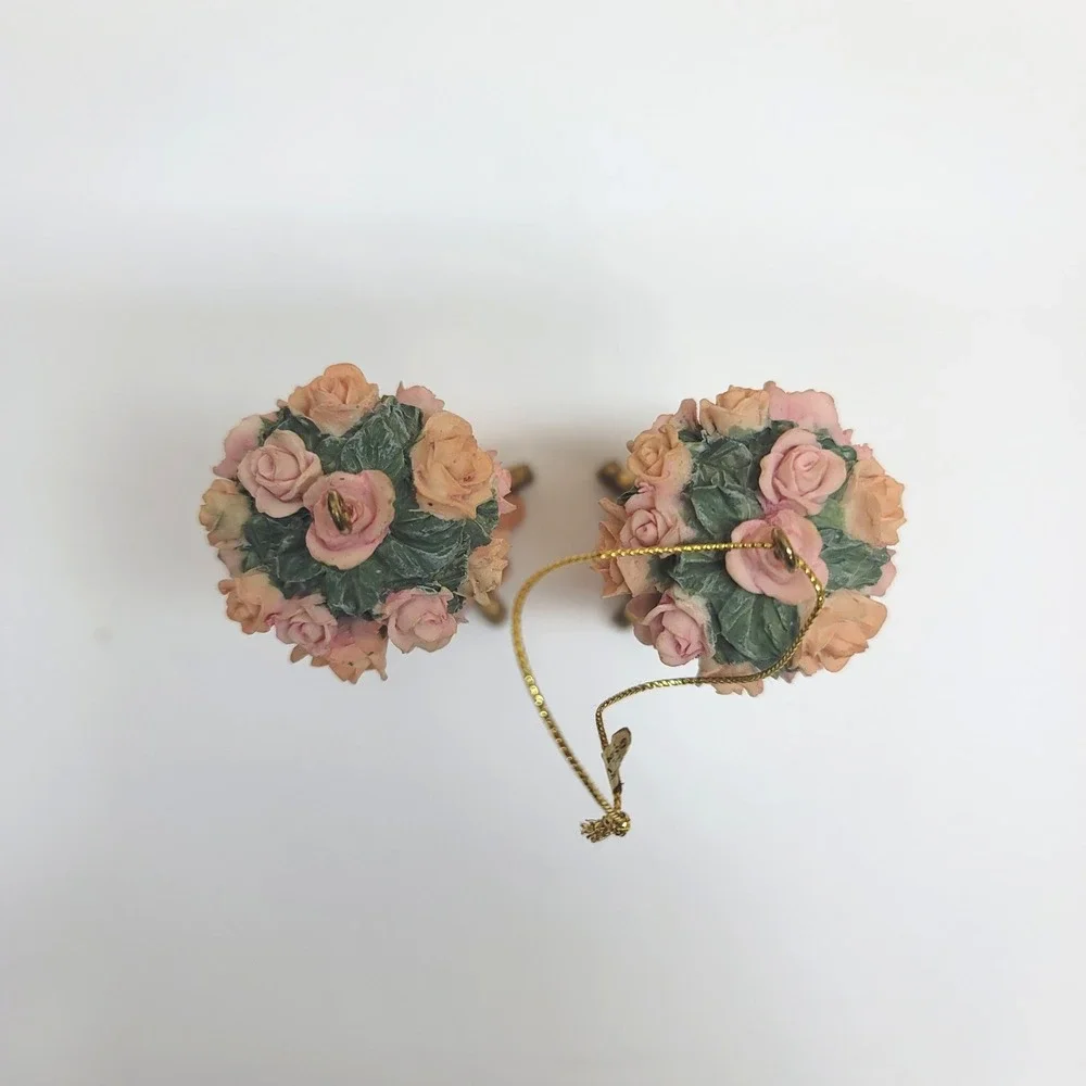 2Pc. Vtg Silvestri Rose/Cherub Topiary Ornaments Pink Peach Floral Resin 4.25